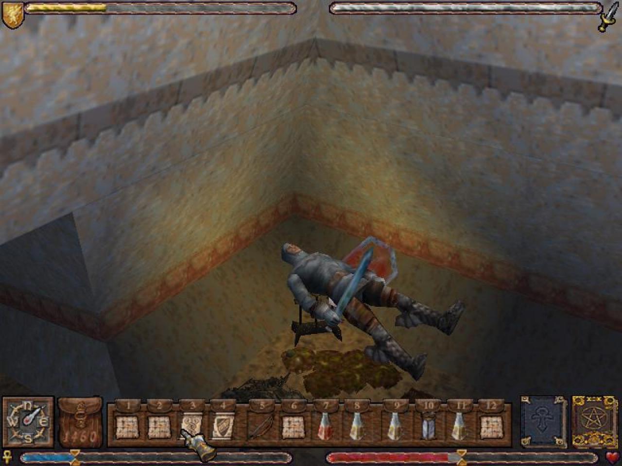[26/11/2001] GRüSS MIR DIE SONNE Dank beflügelter Stiefel steigt der Avatar in luftige Höhen. Zweck der übung: Abgelegene Labyrinthtrakte können nur auf diese Weise erreicht werden.